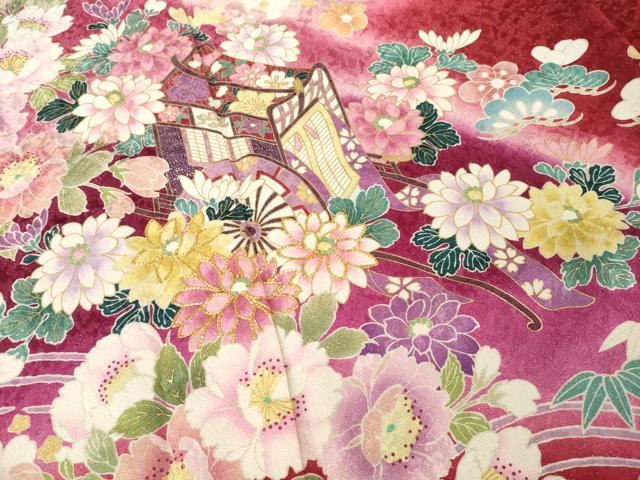平和屋着物●豪華振袖 駒刺繍 御所車花文 暈し染め 金彩 金通し地 正絹 逸品 AABG4967ck