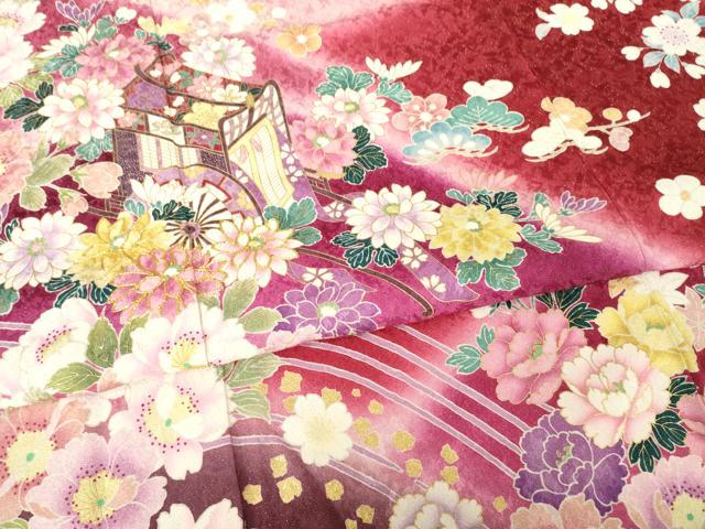 平和屋着物●豪華振袖 駒刺繍 御所車花文 暈し染め 金彩 金通し地 正絹 逸品 AABG4967ck