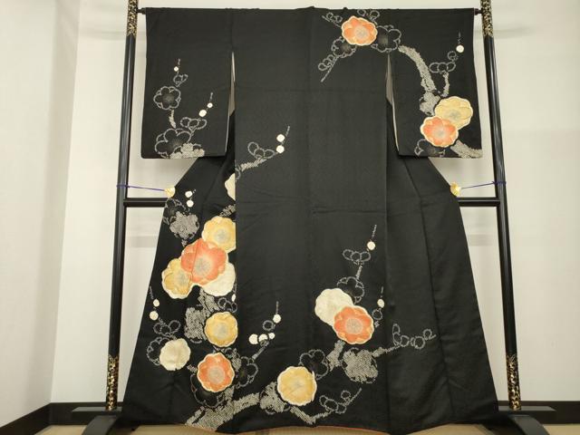 平和屋着物●訪問着 駒刺繍 絞り 枝梅文 黒地 正絹 逸品 AABG4969ck