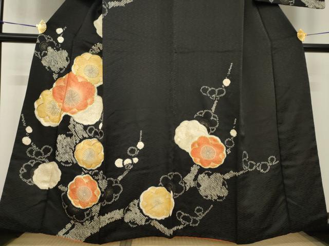 平和屋着物●訪問着 駒刺繍 絞り 枝梅文 黒地 正絹 逸品 AABG4969ck