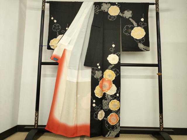 平和屋着物●訪問着 駒刺繍 絞り 枝梅文 黒地 正絹 逸品 AABG4969ck