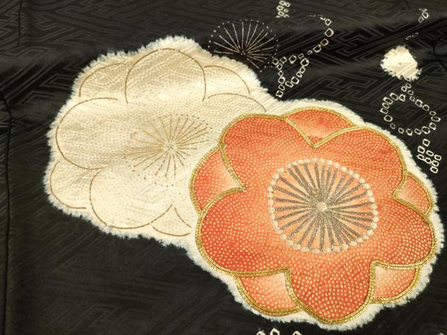 平和屋着物●訪問着 駒刺繍 絞り 枝梅文 黒地 正絹 逸品 AABG4969ck