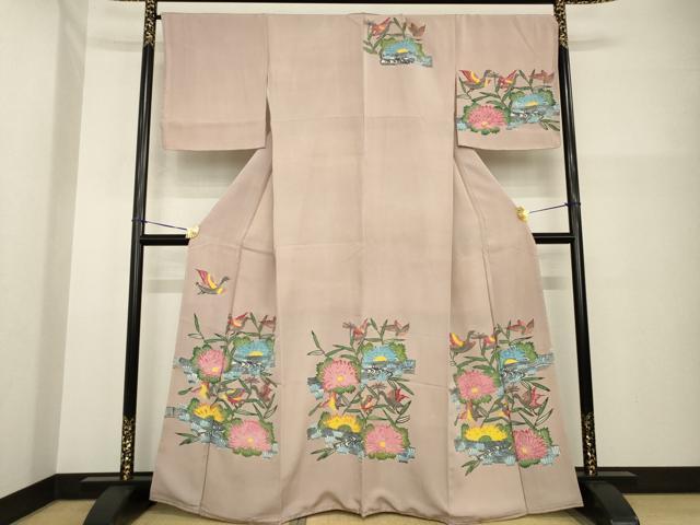 平和屋着物●訪問着 紅型 流水花鳥文 正絹 逸品 AABG4976ck