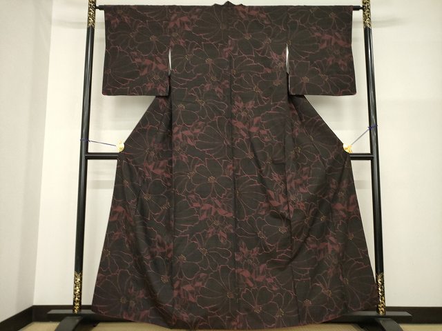 平和屋着物●小千谷紬 花尽くし 黒地 正絹 逸品 AABG4995ck