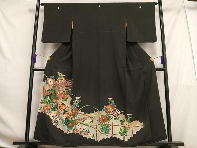 平和屋着物■豪華黒留袖 駒刺繍 孔雀花文 金彩 正絹 逸品 AABG5018oa