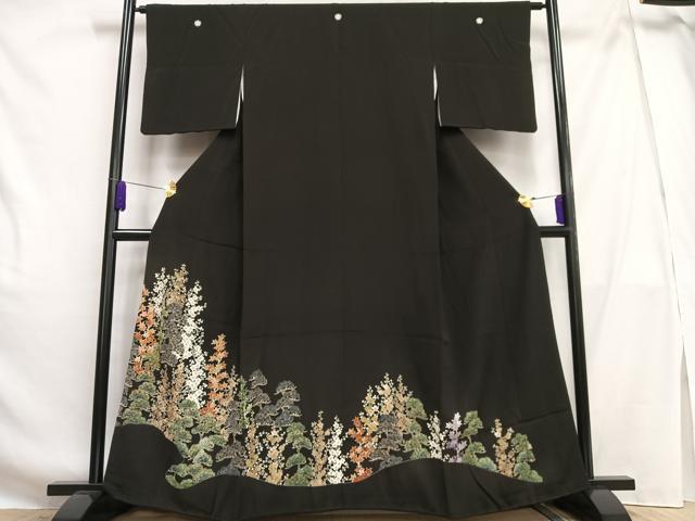 平和屋着物■豪華黒留袖 刺繍 梅松楓文 金糸 金彩 正絹 逸品 AABG5072oa