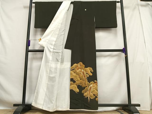 平和屋着物■豪華黒留袖 駒刺繍 鳳凰松文 金糸 金彩 正絹 逸品 AABG5128oa