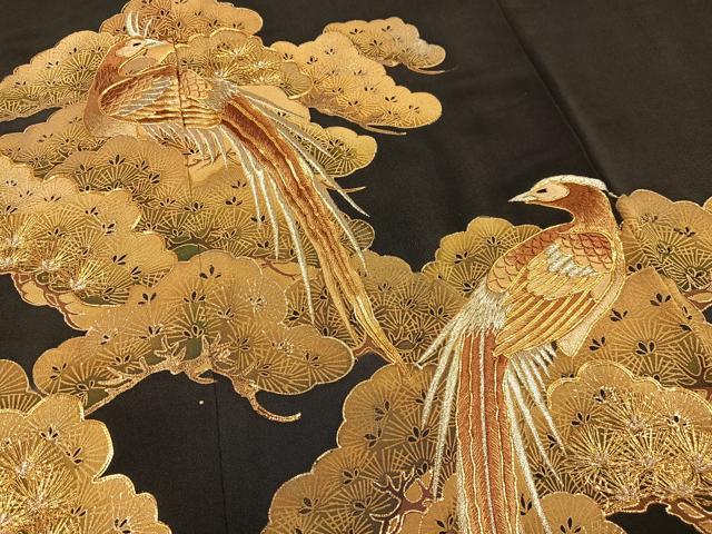 平和屋着物■豪華黒留袖 駒刺繍 鳳凰松文 金糸 金彩 正絹 逸品 AABG5128oa