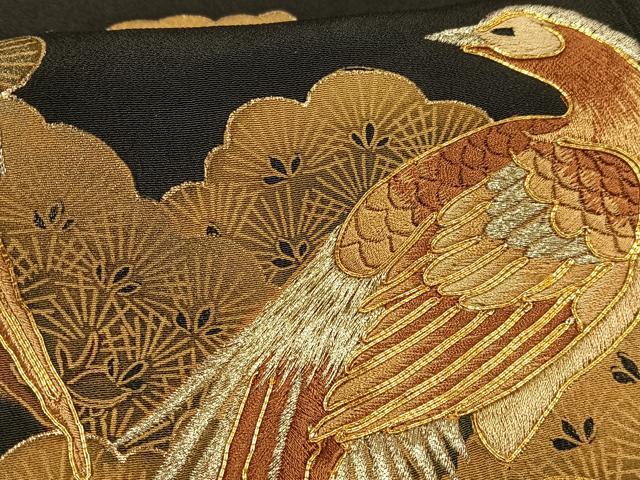 平和屋着物■豪華黒留袖 駒刺繍 鳳凰松文 金糸 金彩 正絹 逸品 AABG5128oa