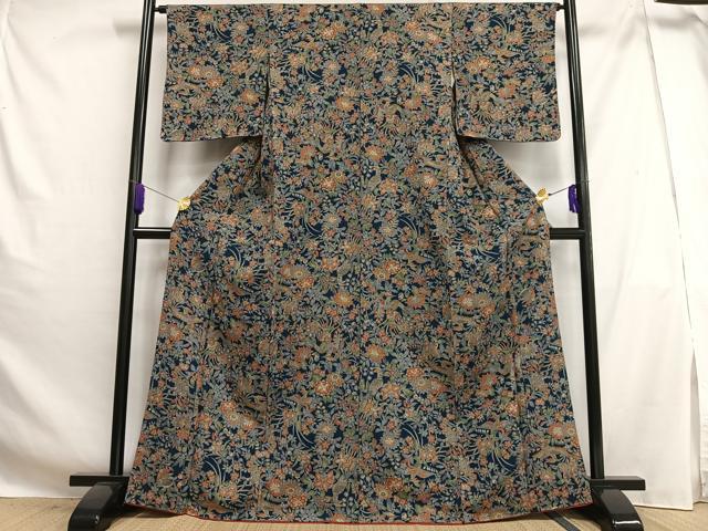 平和屋着物■上質な小紋 更紗花鳥文 金彩 鬼しぼ縮緬 ゑり正扱い 正絹 逸品 AABG5179oa