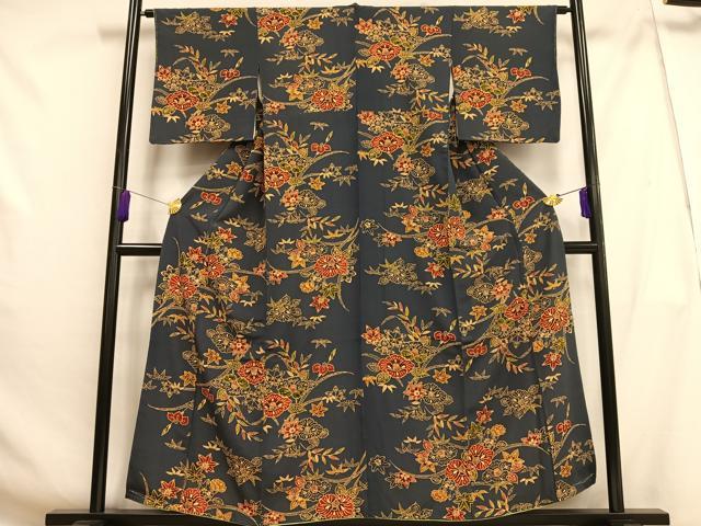 平和屋着物■上質な小紋 型染め 草花文 正絹 逸品 AABG5199oa