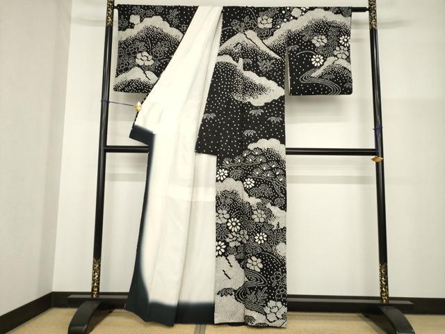 平和屋着物●訪問着 総絞り 流水花文 黒地 正絹 逸品 AABG5210ck