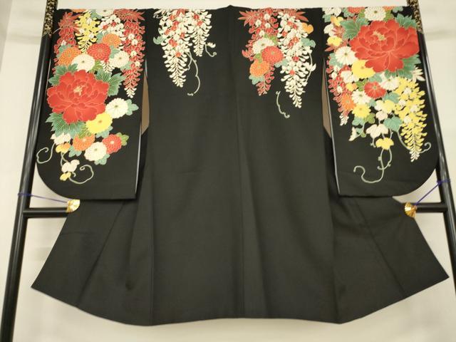 平和屋着物●美月 小振袖 二尺袖 草花文 黒地 洗える着物 AABG5244ck