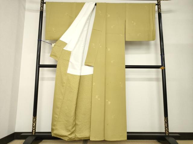 平和屋着物●本加賀友禅作家 柿本市郎 色無地 花丸地紋 榛色 反端付き 正絹 逸品 AABG5264ck