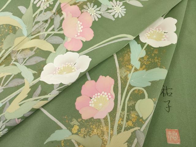 平和屋着物●訪問着 昨夏物 祐子 手描き 草花文 暈し染め 金彩 正絹 逸品 AABG5273ck