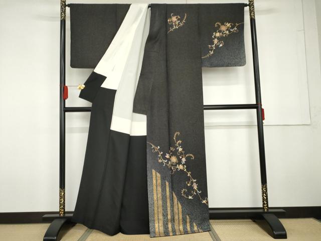 平和屋着物●訪問着 更紗花唐草文 暈し染め 黒地 金彩 金通し地 正絹 逸品 AABG5284cs