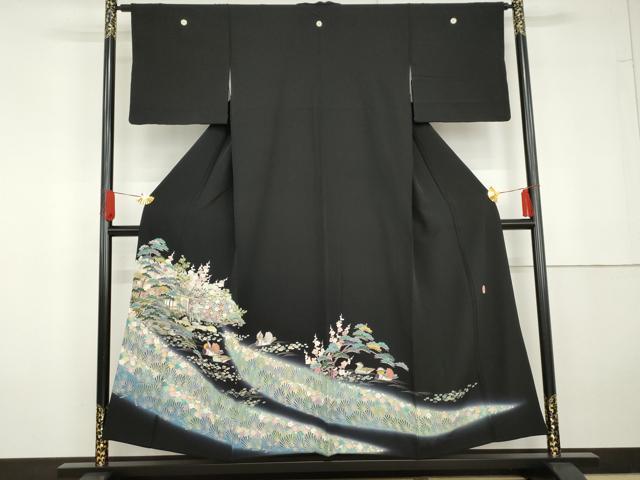 平和屋着物●豪華黒留袖 友禅 作家物 鴛鴦風景梅松文 暈し染め 正絹 逸品 AABG5295cs