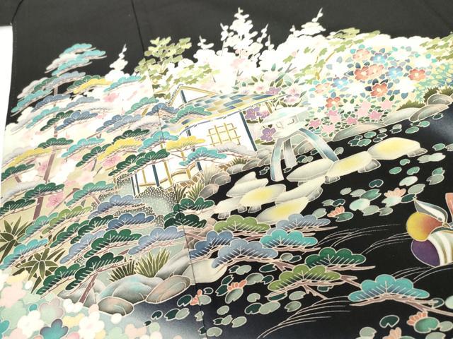 平和屋着物●豪華黒留袖 友禅 作家物 鴛鴦風景梅松文 暈し染め 正絹 逸品 AABG5295cs