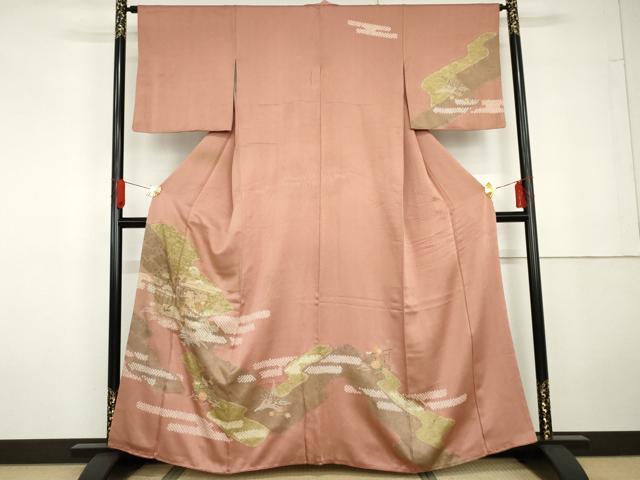 平和屋着物●訪問着 絞り 刺繍 風景草花文 金彩 正絹 逸品 AABG5304cs