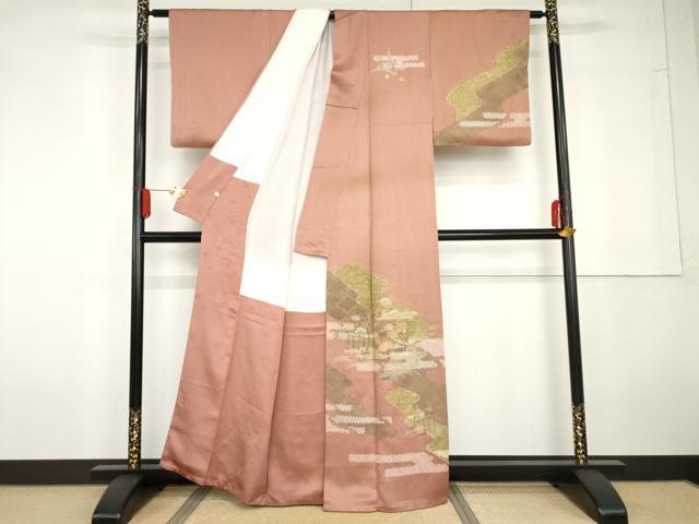 平和屋着物●訪問着 絞り 刺繍 風景草花文 金彩 正絹 逸品 AABG5304cs