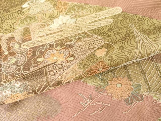 平和屋着物●訪問着 絞り 刺繍 風景草花文 金彩 正絹 逸品 AABG5304cs