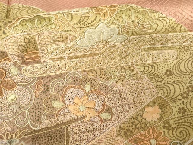 平和屋着物●訪問着 絞り 刺繍 風景草花文 金彩 正絹 逸品 AABG5304cs
