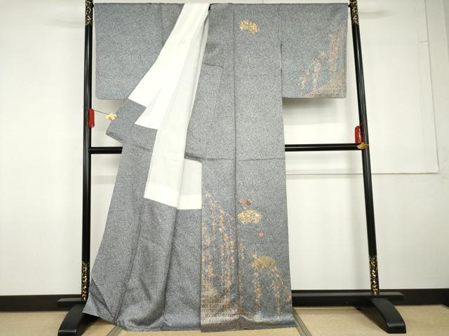 平和屋着物●訪問着 刺繍 地紙枝垂れ花文 たたき染め 黒地 金糸 金彩 正絹 逸品 AABG5306cs