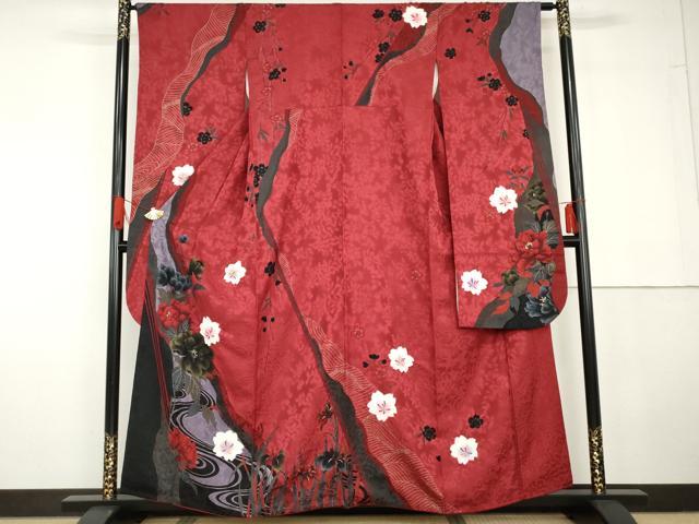 平和屋着物●豪華振袖 手描き 絞り 流水草花文 薔薇 バラ 金彩 正絹 逸品 AABG5308cs