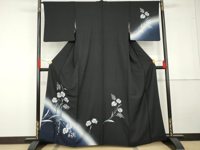 平和屋着物●訪問着 手描き 螺鈿 胡蝶蘭 暈し染め 黒地 金銀彩 正絹 逸品 AABG5386cs