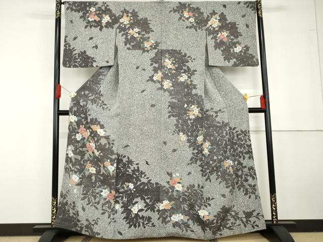 平和屋着物●訪問着 枝花文 たたき染め 黒地 金彩 正絹 逸品 AABG5414cs