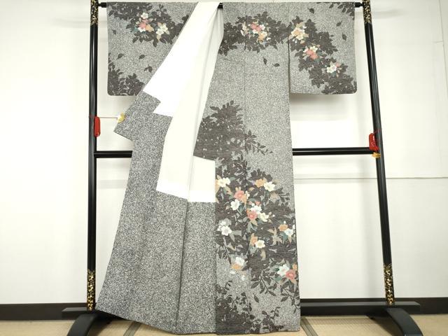 平和屋着物●訪問着 枝花文 たたき染め 黒地 金彩 正絹 逸品 AABG5414cs