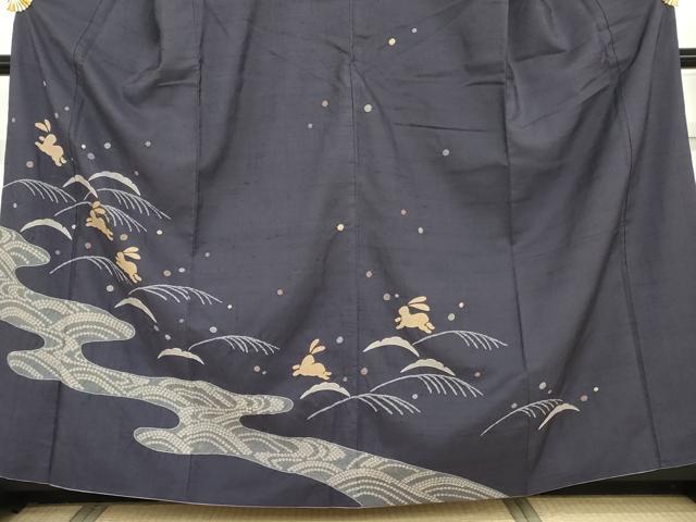 平和屋着物●訪問着 紬地 絞り 雪芝に跳び兎 金糸 正絹 逸品 AABG5415cs