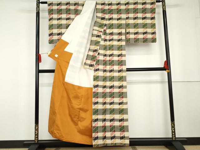 平和屋着物●上質な紬 変わり格子 高島屋扱い 正絹 逸品 AABG5418cs