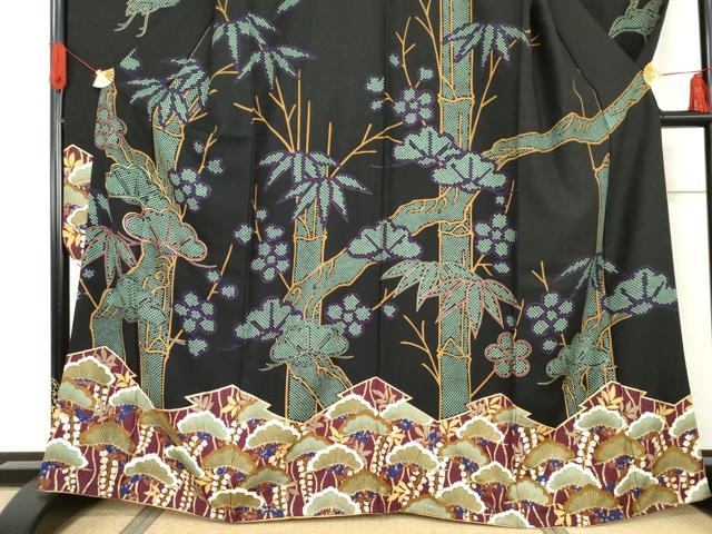 平和屋着物●豪華振袖 松竹梅飛鶴文 黒地 金彩 正絹 逸品 AABG5421cs