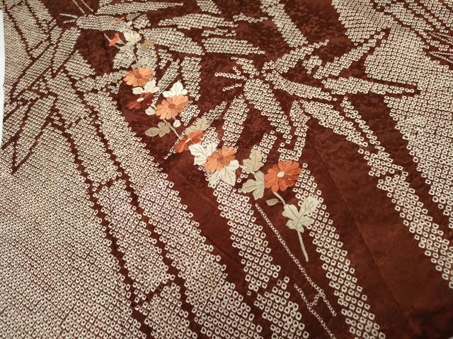 平和屋着物●訪問着 絞り 刺繍 笹竹枝花文 金糸 西武百貨店扱い 正絹 逸品 AABG5422cs