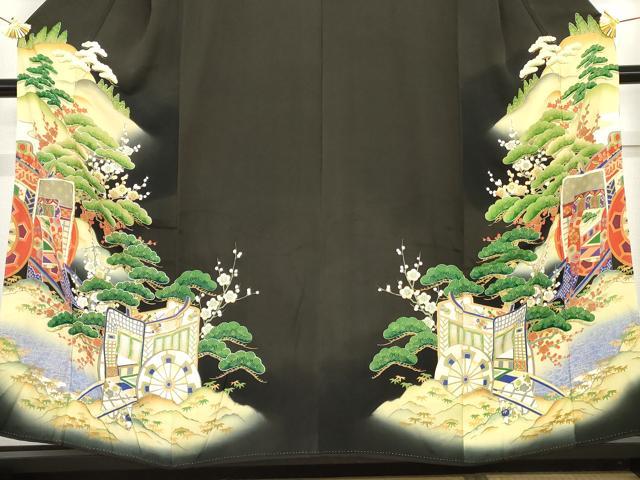 平和屋着物●アンティーク 大正ロマン 黒留袖 駒刺繍 両褄 御所車松竹梅文 暈し染め 正絹 逸品 AABG5423cs