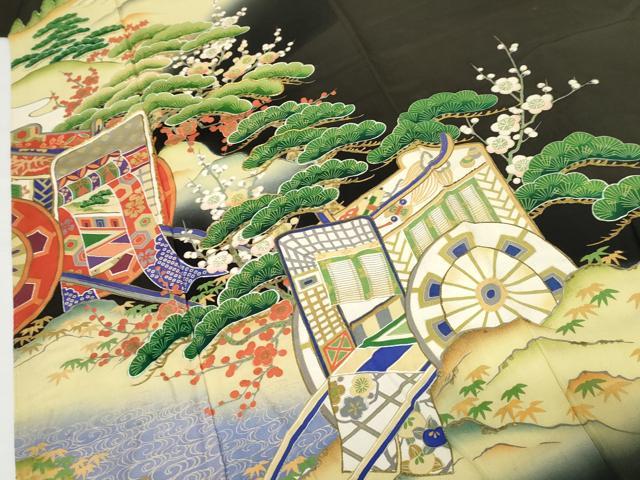 平和屋着物●アンティーク 大正ロマン 黒留袖 駒刺繍 両褄 御所車松竹梅文 暈し染め 正絹 逸品 AABG5423cs