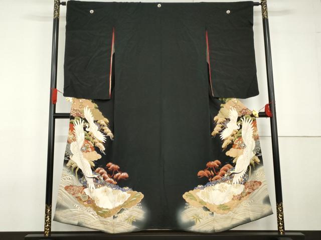 平和屋着物●アンティーク 大正ロマン 黒留袖 駒刺繍 両褄 飛鶴笠松文 暈し染め 正絹 逸品 AABG5431cs