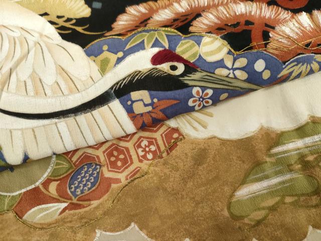 平和屋着物●アンティーク 大正ロマン 黒留袖 駒刺繍 両褄 飛鶴笠松文 暈し染め 正絹 逸品 AABG5431cs