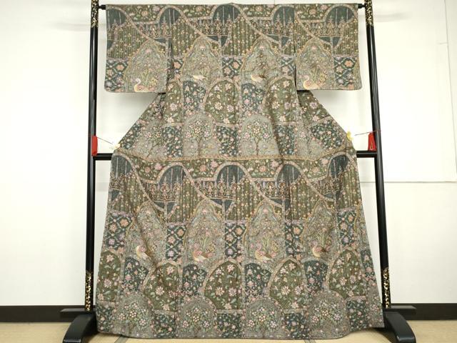 平和屋着物●総刺繍 訪問着 中国三大刺繍 スワトウ刺繍 汕頭刺繍 更紗花鳥文 金糸 正絹 逸品 未使用 AABG5434cs