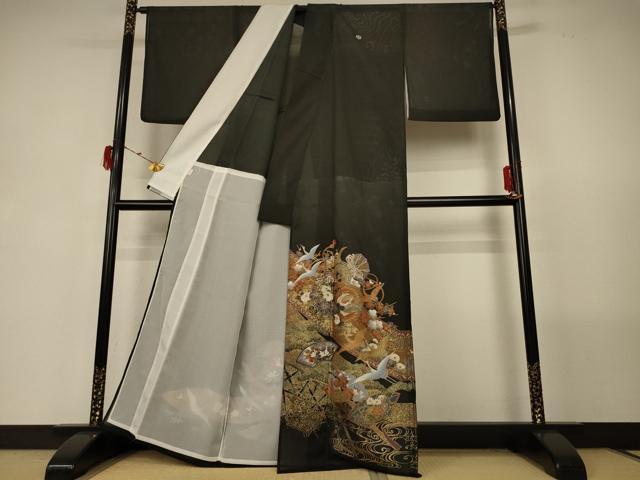 平和屋着物*夏物 黒留袖 絽 花鼓舞鶴文 金彩 洗える着物 AABG5469jd