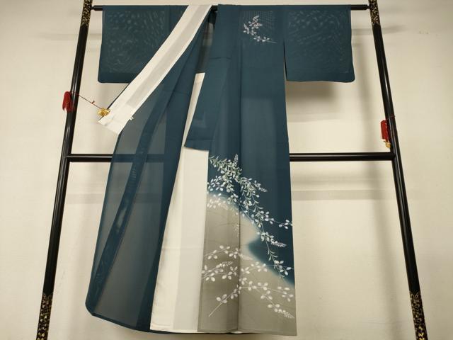 平和屋着物*夏物 訪問着 絽 手描き 枝葉文 暈し染め 金彩 正絹 逸品 AABG5589jd