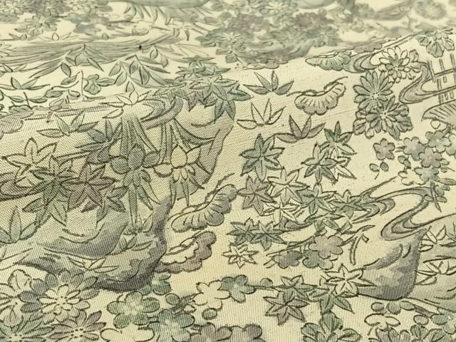 平和屋着物▽上質な紬 単衣 手描き 風景花文 正絹 逸品 AABG5616jh