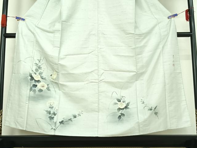平和屋着物▽訪問着 単衣 作家物 紬地 手描き 花鳥文 暈し染め 正絹 逸品 AABG5617jh