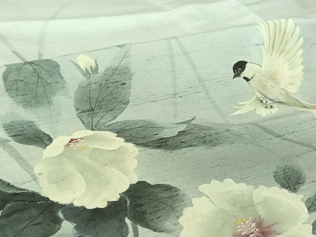 平和屋着物▽訪問着 単衣 作家物 紬地 手描き 花鳥文 暈し染め 正絹 逸品 AABG5617jh