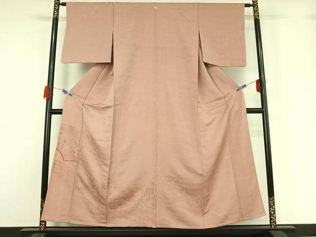 平和屋着物▽無地絵羽訪問着 単衣 総刺繍 辻が花文 薄柿色 正絹 逸品 AABG5618jh