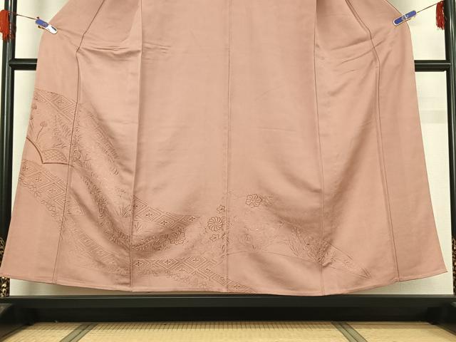 平和屋着物▽無地絵羽訪問着 単衣 総刺繍 辻が花文 薄柿色 正絹 逸品 AABG5618jh