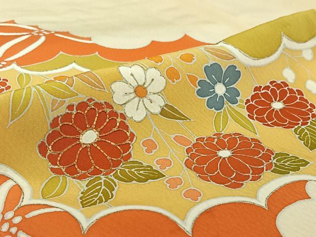 平和屋着物▽訪問着 単衣 駒刺繍 雲取り花文 金彩 正絹 逸品 AABG5621jh