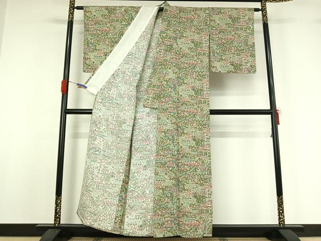 平和屋着物▽上質な紬 単衣 草花文 正絹 逸品 AABG5622jh