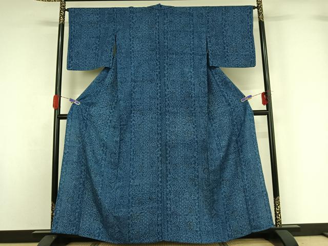 平和屋着物▽上質な紬 単衣 型染め 更紗花文 正絹 逸品 AABG5633jh